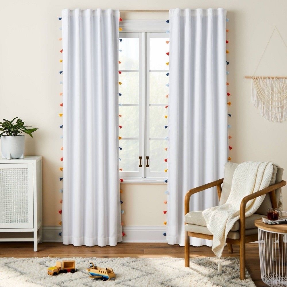 Pillowfort Kids Blackout Curtain Panel White Tassel 84 in Long